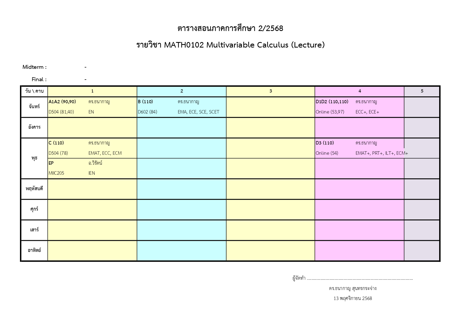 682TimeTable 01MATH0102Lecture