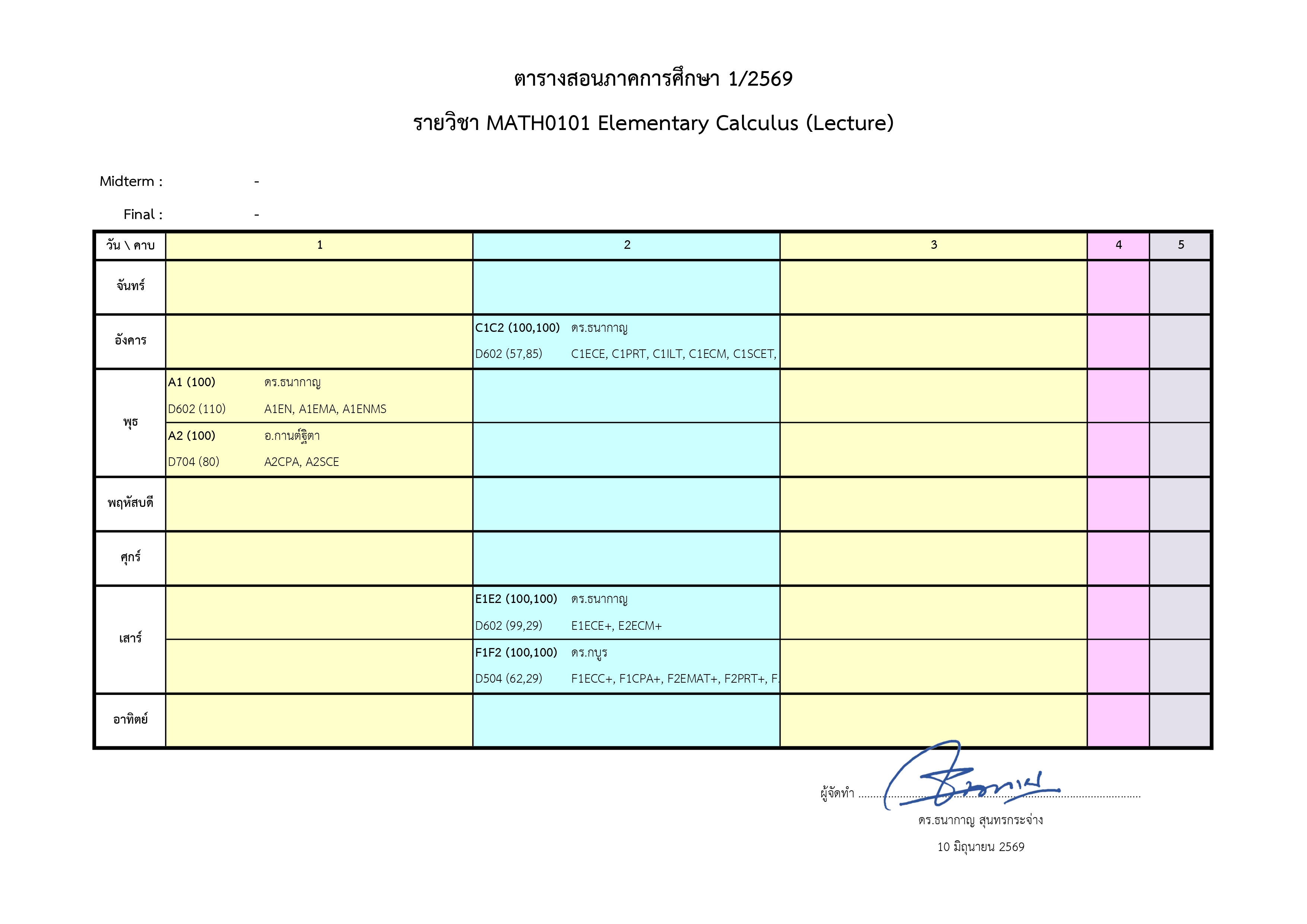 691TimeTable 01MATH0101Lecture